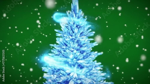 Abstract Blue Ice Christmas Tree with Snowflakes Falling.