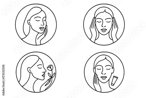 Woman face one line art logo set. Beauty salon, spa, cosmetics icon collection. Skincare, self-care, wellness concept. Minimalist female portrait for social media highlight.
