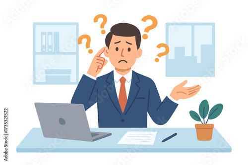 Confused businessman thinking with question marks around head, office desk with laptop, plant and papers, business dilemma, indecision, uncertainty in workplace situation