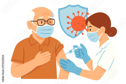 Covid-19 vaccination concept with elderly man receiving vaccine injection from a doctor or nurse. Senior immunization for coronavirus protection. Healthcare and medical treatment.