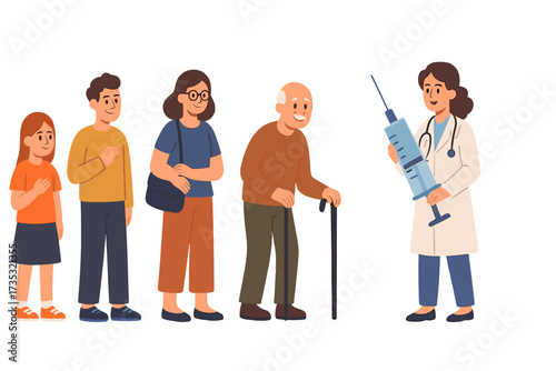 People of different ages in queue for vaccination. Doctor with big syringe for immunization. Concept for seasonal vaccine, prevention, immunity, and healthcare campaign vector.