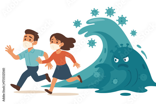 Covid-19 second wave metaphor. Frightened people in protective face masks run away from a giant coronavirus monster wave. Concept of pandemic panic and new infection outbreak.