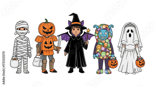 Enchanting Halloween Gathering: A delightful ensemble of children, each adorned in creative costumes, embodying the essence of Halloween's playful spirit.