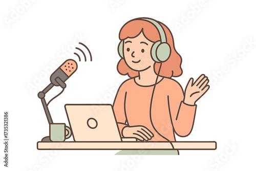 Podcasting concept. Woman radio host speaking into microphone. Cute female character recording a podcast. Blogger or vlogger streaming live. Broadcast, webinar, online show.