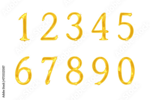 Golden shiny numbers set 0 to 9, sparkling elegant numerals with glossy effect, stylish alphabet digits for design, transparent background vector illustration collection