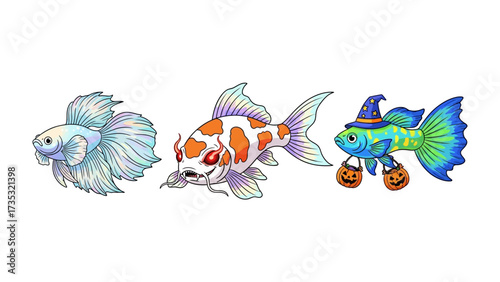Aquatic trio: Three charming fish, each exhibiting distinct characteristics, with captivating aesthetic. A beautiful illustration. 