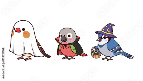 Halloween Bird Parade: A whimsical illustration features three charming birds in delightful Halloween costumes, the ghost, vampire, and wizard with a basket, perfect for seasonal designs.