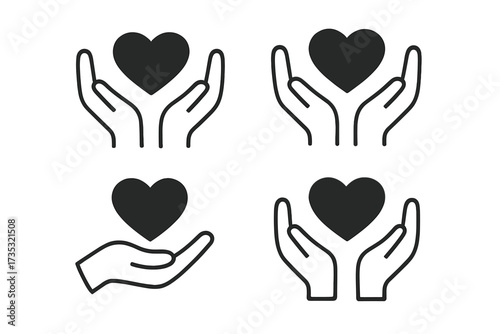 Set of black hands holding heart icons vector illustration, love and care symbols, charity and healthcare concepts, minimalistic design, isolated on transparent background, social support and kindness