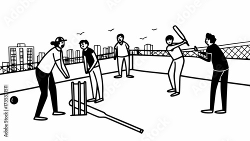 Group of people playing cricket on a rooftop with buildings and birds in the background illustration created with generated ai 