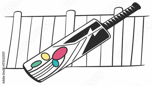 Isolated cartoon cricket bat leaning against a white picket fence with colorful design elements on it created with generated ai 