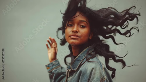 Young Woman Posing with Hair in Air, Casual Style and Denim Jacket