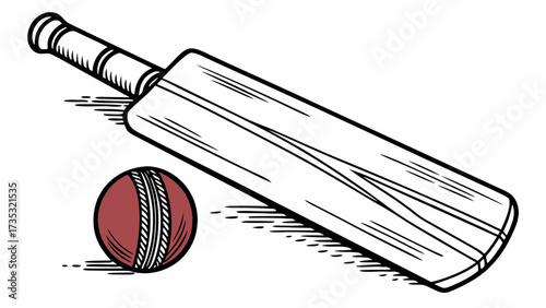 Illustration of a cricket bat and a ball with hatching lines creating shadows on a white background created with generated ai 