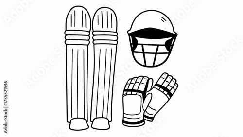 Isolated illustration of cricket protective gear including pads helmet and gloves in black and white created with generated ai 