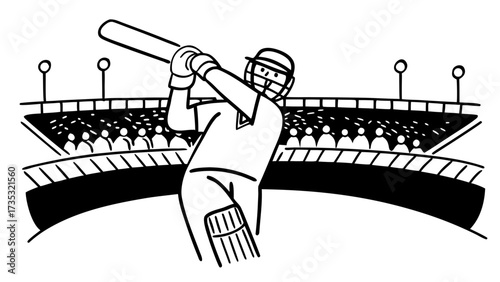A batsman in action at a cricket stadium with spectators and lights in a black and white illustration created with generated ai 