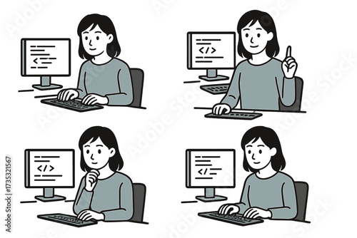 Woman coding at computer, programming vector illustration set, female developer working on software development, coding concept, developer at desktop with code screen, office technology