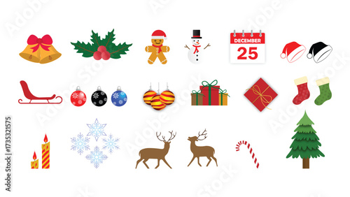 Christmas Icon Set with Gifts, Tree, Snowman, and Decorations