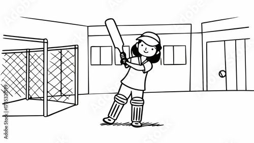 Girl in cricket gear holding a bat ready to hit the ball in an indoor practice area setting is shown created with generated ai 