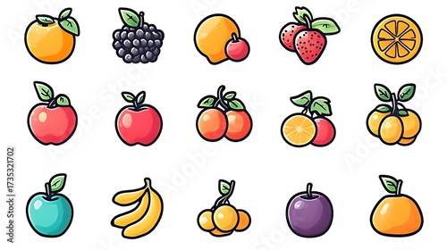 Collection of colorful hand drawn cartoon fruits and berries on a white background