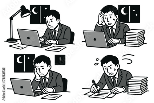Stressed businessman working late night at office desk with laptop and paperwork, tired office worker under night sky, overtime work pressure and deadline vector illustration set