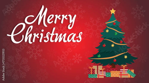 Merry Christmas Greeting Card with Decorated Tree and Gift Boxes Isolated