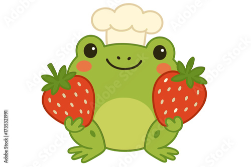 Cute frog character in a chef hat holding strawberries. Funny cartoon amphibian cook mascot for kids menu or food logo. Flat vector illustration isolated on white background.