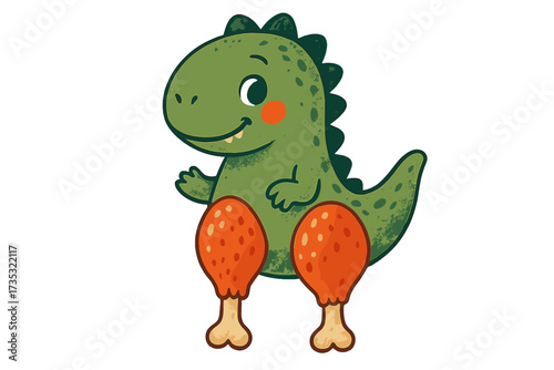 Funny keto diet concept with a cute dinosaur character. Humorous cartoon T-rex with fried chicken legs instead of its own. Vector for paleodiet, low-carb, high-protein foodies.