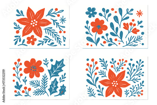 Set of Merry Christmas greeting card designs with hand-drawn winter florals. Retro botanical illustrations with poinsettia, holly, and berries for Xmas party invitations.