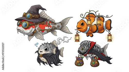 Whimsical Undersea Characters: A captivating quartet of stylized fish characters with a distinct flair of fantasy, with four distinct styles of characterization, each exuding charm.