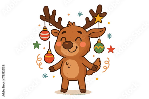 Cute Christmas reindeer vector illustration. Happy cartoon deer character with festive holiday ornaments on antlers. Funny winter animal for greeting cards or kids party decor.