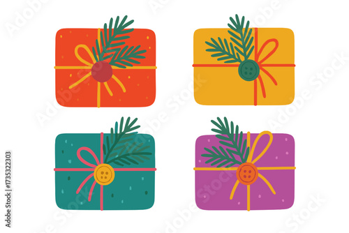 Set of Christmas gift boxes with fir branch and button decoration. Colorful holiday presents with ribbon in hygge doodle style. Vector illustration for greeting card and winter design.