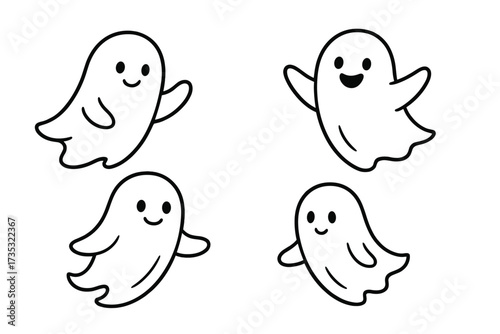Cute ghost vector character set. Spooky kawaii phantom for Halloween party invitation. Funny spirit silhouette collection. Holiday monster doodle illustration for greeting card.