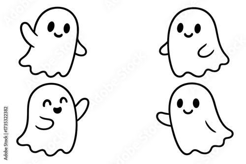 Cute ghosts vector illustration set. Kawaii friendly ghost characters for Halloween. Spooky funny phantom spirit doodles for kids party invitation, greeting card or flyer.