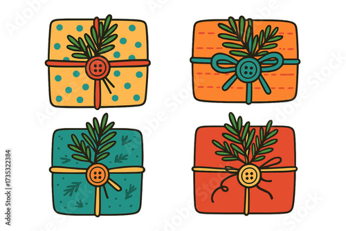 Set of Christmas gift boxes with fir branches, buttons, and ribbons. Colorful winter holiday presents in doodle hygge style for greeting cards. Vector illustration of cute packages.