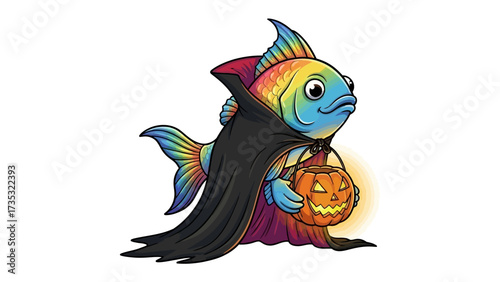 Happy Halloween Fish in Costume: A whimsical, colorful fish dons a Dracula costume, clutching a pumpkin lantern in anticipation of Halloween night.