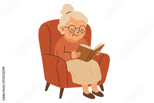 Senior woman reading book in armchair. Cute grandmother character. Elderly person retirement lifestyle. Hobby, leisure, education, knowledge concept. Cozy home. Flat vector illustration.