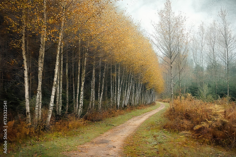 Fototapeta premium Winding dirt path through a forest with birch trees showing golden autumn leaves under a hazy sky