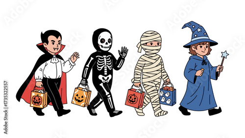 Halloween Parade: Charming young costumed children, dressed as classic Halloween characters, parade along, each holding a festive bag as they embark on trick-or-treating adventure.
