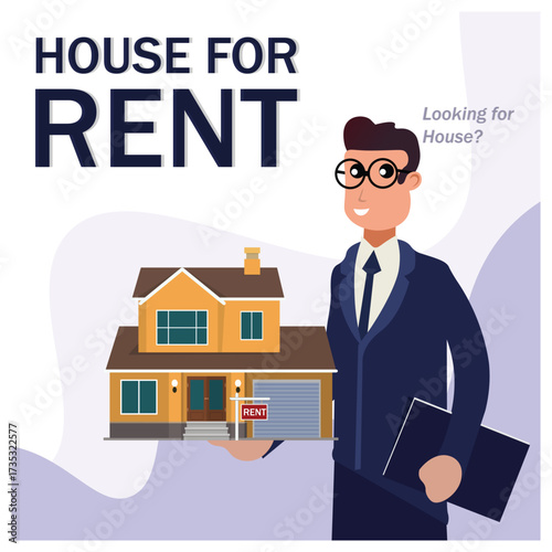 Real estate agent holding house model with rent sign property rental vector illustration