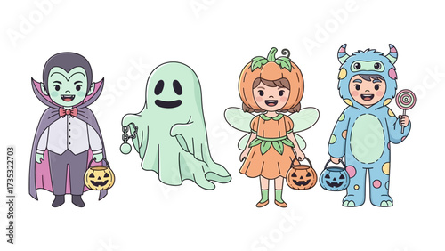 Halloween Dress Up Fun: Four adorable children dressed up as classic Halloween characters. Capturing the playfulness and creativity of the holiday, this illustration is perfect for seasonal designs.