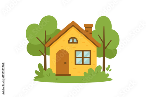 Cute cartoon house vector illustration. Yellow home with trees. Real estate symbol for property, mortgage or rent concepts. Simple flat design suburban cottage building icon.