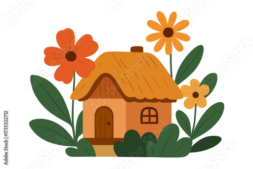 Cozy fairytale cottage with a thatched roof in a fantasy garden with huge flowers. Cute cartoon house vector flat illustration. Whimsical, idyllic country home concept.