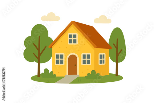 Cute cartoon house vector illustration. Yellow family home with trees in a flat design style. Concept for real estate, property, mortgage, or suburban living. Sweet home.