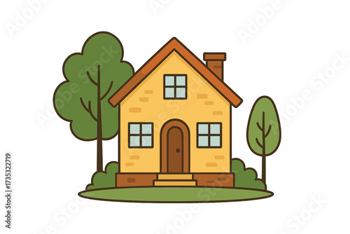 House vector illustration. Home icon for real estate business. Cute cartoon building with trees. Suburban property, mortgage concept. Residential cottage flat design element.