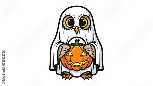Cute Ghost Owl with Pumpkin: A whimsical illustration of a cute owl dressed as a ghost, lovingly cradling a carved pumpkin lantern, capturing the essence of Halloween fun.