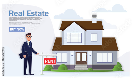 Real estate agent with house for rent sign property rental vector illustration