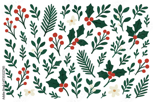 Hand drawn Christmas floral seamless pattern. Winter holiday vector background with festive botanicals like holly, berries, fir branch. Botanical illustration for fabric, cards.