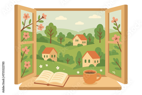 Spring window view of a cozy countryside village. Relaxing morning scene with an open book and coffee cup on the sill. Cute home interior. Peaceful nature landscape vector.