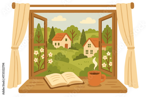 Cozy spring window with an open book and a cup of coffee. View of a lovely landscape with village houses. Home comfort, reading, and relaxation concept. Cute cozy hand drawn illustration.