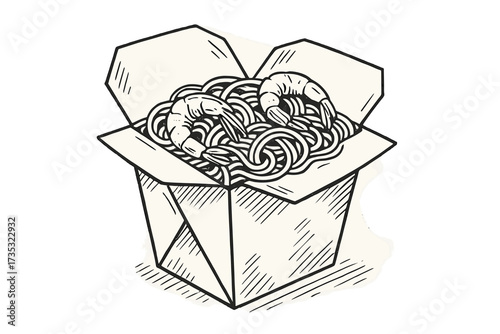 Chinese food box with shrimp noodles. Hand drawn vector line art illustration. Asian wok noodle takeaway container for menu or delivery service icon. Fast food sketch drawing.