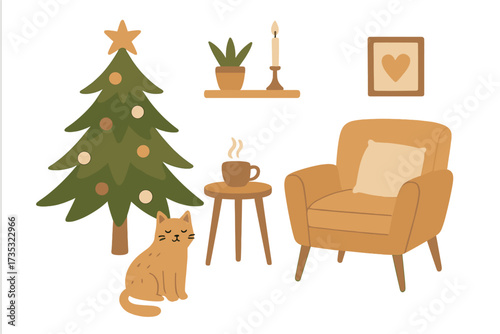 Cozy winter home interior, Scandinavian hygge Christmas concept. Cute vector illustration set with ginger cat, decorated tree, comfy armchair, hot tea. Festive holiday elements.
